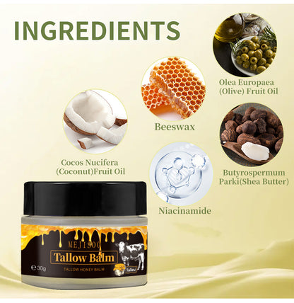 Whipped Tallow and Honey Balm for Face - Unscented Grass Fed Beef Tallow for Skin, Moisturizer Cream with Manuka Honey, Jojoba Oil, Mango Butter & Vitamin E - For Dry Skin & Body,3 pack